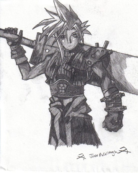 A fan's pencil drawing of a chracter from Final Fantasy, a hugely successful Japanese game franchise.