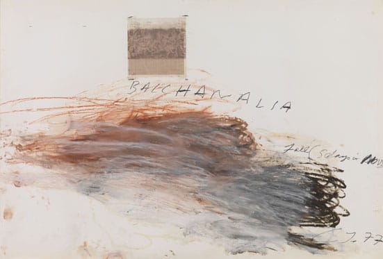Twombly and Poussin: Arcadian Painters — 
Cy Twombly, Bacchanalia-Fall (5 Days in November) Blatt 4, InvNr. UAB 457, 1977
collage, oil, chalk, gouache, on fabriano paper, graph paper, 101.2 x 150.5 cm
Bayerische Staatsgemäldesammlungen – Museum Brandhorst, München. 
Leihgeber: Udo Brandhorst, © Cy Twombly
