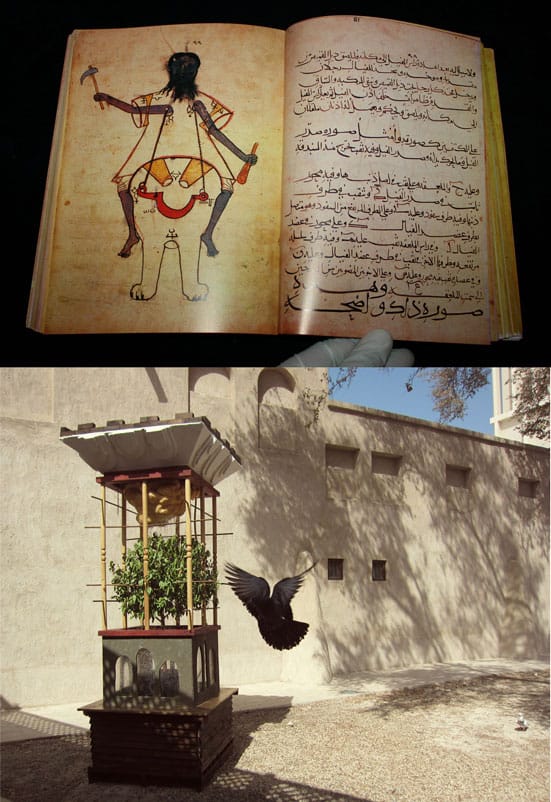 Above: From ‘The Book of Knowledge of Ingenious Mechanical Devices’ by Al Jazari, in 1206.
Below: ‘Somewhere in the Middle of Two, Southwest of One, and North of the Other’ (The Glasgow Tower) Three kinetic windcatchers dedicated to Glasgow, Istanbul and Dubai, disseminating respectively humidity, scent and sound. Each tower is 320X100X100cm, 2012.