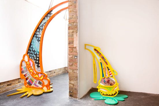 
'Pan-Hotdog' & 'Pan-Cheeseburger' Vomitoriae, 2010
Wood, metal, fabric, wallpaper, plastic and gloss paint.
Pan-Hotdog measures 1.65m by 2.24m by 10cm and the base is 1m by 1.20m by 5cm.
Pan-Cheesburger measures 80cm by 120cm by 4cm and the base is 82cm by 84cm by 2cm.
PHOTOGRAPHY BY MICHELE PANZERI
Courtesy The Agency Gallery, London
